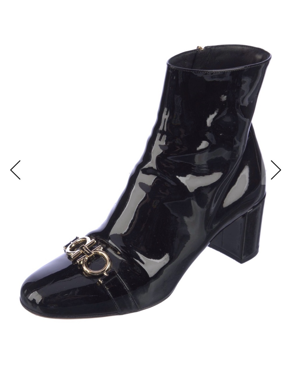 Salvatore Ferragamo Patent Leather Ankle Boot with Gold Accent